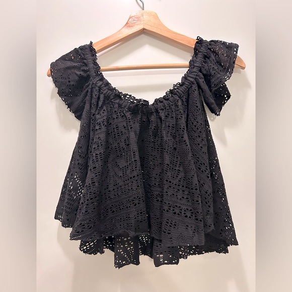 Garage Black Lace Crop Top Blouse, Off-the Shoulder Black Lace Top - Picture 2 of 7